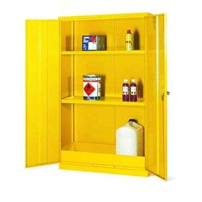 Image of Dangerous Substance Cabinet COSHH Chemical Storage Flammable Metal Cupboard 2 Shelves Hi Vis Yellow 1525mm High x 915mm Wide 457mm Deep (36 Litre)