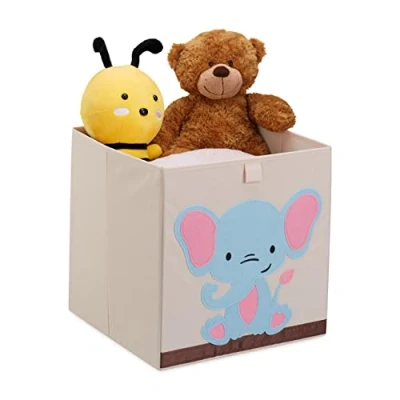Image of Relaxdays Toy Box, Children, Elephant Symbol, HxWxD: 33 x cm, Clothes, Tidy, Foldup, Storage, Chest, Beige/Blue, Fleece