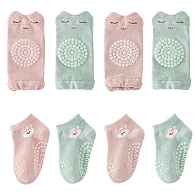 Image of FedMois 4 Pairs Baby Knee Pads for Crawling + Anti slip Socks Cotton, girls, 0 12 Months