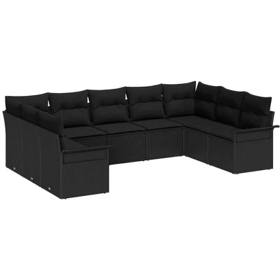 Image of vidaXL 9 Piece Garden Sofa Set with Cushions Black Poly Rattan