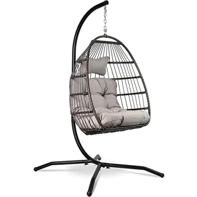 Image of Vita5 Egg Chair Indoor&amp;Outdoor with Frame Polyrattan Cushion Hanging Outdoor and Indoor Foldable Hammock Maximum Load 150kg Light grey