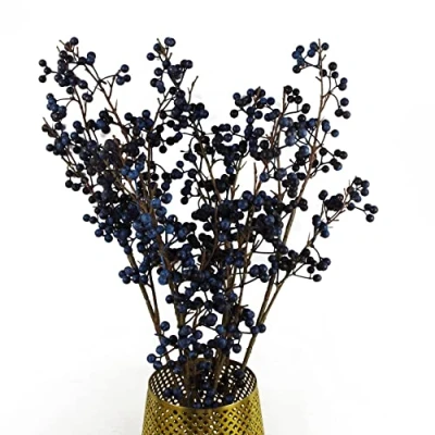 Image of Leaf Design UK Artificial Christmas Berry Spray Branches Plants, Pack of 6 Blue, 70cm