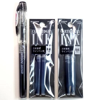 Image of Platinum Fountain Pen, New Preppy, Fine Nib, Black(PSQ 300#1) + Ink Cartridges SPN 100A#1 (Black) Set (Japan Import) [Komainu Dou Original Package]