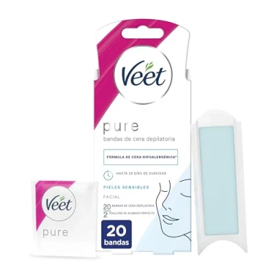 Image of Veet Pure Cold Wax Strips for Facial Hair Removal Suitable Upper Lips (Bigotte), Hypoallergenic Formula Sensitive Skin, 20