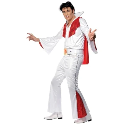 Image of Smiffys Elvis Costume in White and Red for Adults, Shirt, Trousers, Cape, Belt, Officially Licensed, Flared Sleeves Perfect Matching Fancy Dress Events