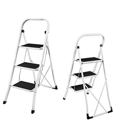 Image of Portable Foldable 3 Step Steel Ladder Anti Slip Feet Heavy Duty Stool 150KG Max Capacity Safety Folding Design Ideal for Home/Kitchen/Garage