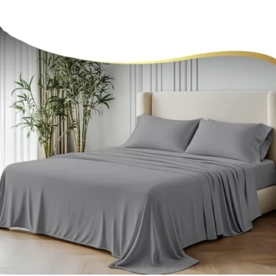 Image of GF 100% Organic Bamboo Bedding Set 300tc Luxurious Sateen Weave Bed Duvet Cover, Extra Deep 40cm Fitted Sheet, 2 x Pillow Cases Grey Kingsize