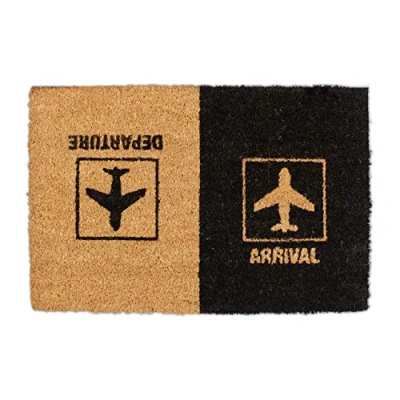 Image of Relaxdays Doormat Coconut Arrival Departure, Door Mat with Aeroplane Motif, Indoor and Outdoor Use, 40 x 60 cm, Natural/Black, Polyvinyl chloride (PVC), 1 item
