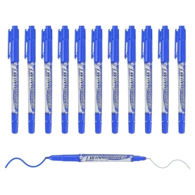 Image of M&amp;G Permanent Twin Markers Dual Ultra Fine Point Tip(1.5mm+0.5mm), 12 Pack Quick Dry Waterproof Fiber Tip Pens for Paper, Glass, Plastic, Wood, Stone, Metal Surface, Blue