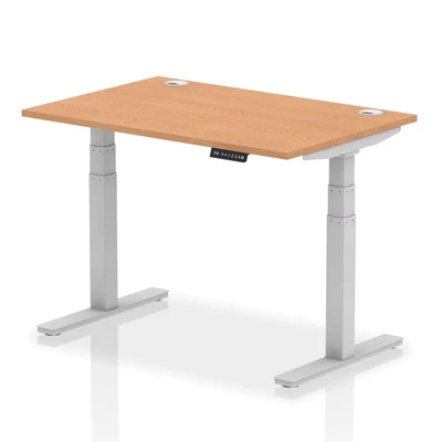 Image of Air 1200 x 800mm Height Adjustable Desk Oak Top Cable Ports Silver Leg