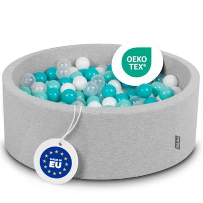 Image of KiddyMoon 90X30cm/200 Balls ∅ 7Cm / 2.75In Baby Foam Ball Pit Made In EU, Light Grey:Lt Turquoise/White/Transparent/Turquois