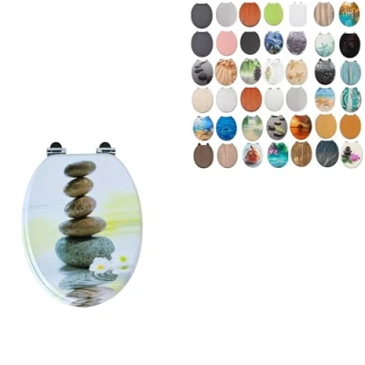 Image of 18&quot; MDF Toilet SEAT Universal Adjustable Fit Most Toilets Oval Seat┃Bathroom Standard Wooden WC +Fittings (Stacked &amp; Flowers)