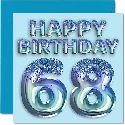 Image of 68th Birthday Card for Men Blue Glitter Party Balloon Happy Cards 68 Year Old Man Uncle Grandad Dad Grandpa Gran, 145mm x Sixty Eight Eighth Greeting Gift