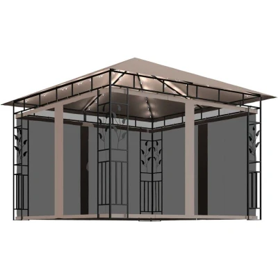 Image of vidaXL Gazebo with Mosquito Net&amp;LED String Lights 3x3x2.73 m Taupe