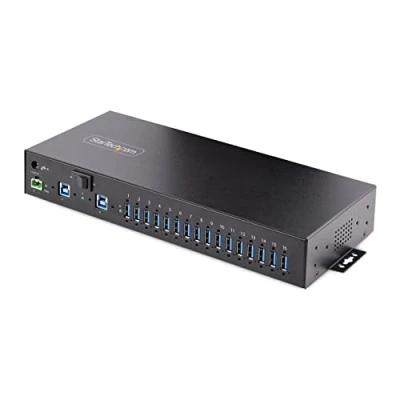 Image of StarTech.com 16 Port Industrial USB 3.0 Hub 5Gbps, Metal, DIN/Surface/Rack Mountable, ESD Protection, Terminal Block Power, up to 120W Shared Charging, Dual Host Hub/Switch (5G16AINDS A HUB)