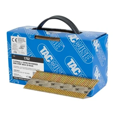 Image of TACWISE 1752 Extra Galvanised Framing Nails 2.8/50 mm, D Head, Ring Shank, 34 Inclined, Paper Collated, Pack of 1600
