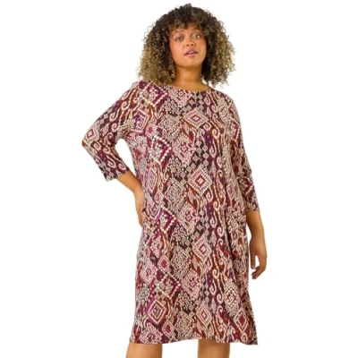 Image of Roman Curve Womens Aztec Print Pocket Swing Dress Brown Size 18 UK