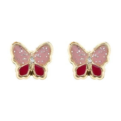 Image of 9ct gold enamel glitter butterfly crystal CZ stud earrings. Gift box