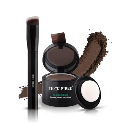 Image of THICK FIBER Root Touch Up Powder, Cover Hairline Powder for Thin Hair Water &amp; Sweat Resistant Loss Concealer Set with Thinning Women, Includes Brush (Medium Brown)