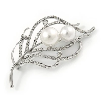 Image of Avalaya Silver Plated Clear Crystal Pearl Leaf Brooch 75mm L