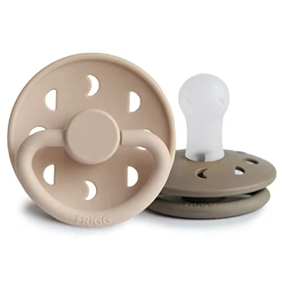 Image of FRIGG Moon Phase Silicone Pacifier Pack of 2 Soother Dummy BPA Free Made in Denmark Symmetrical Cherry Shaped Nipple (Croissant/Portobello (0 6 Months))