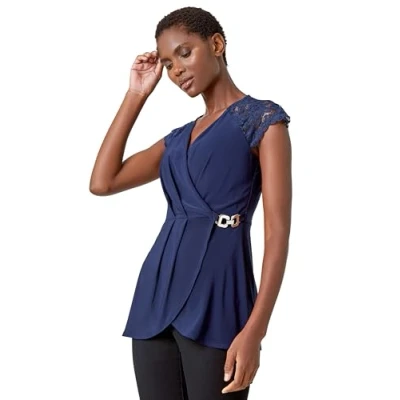 Image of Roman Womens Lace Trim Stretch V Neck Wrap Top Navy Size 12 UK