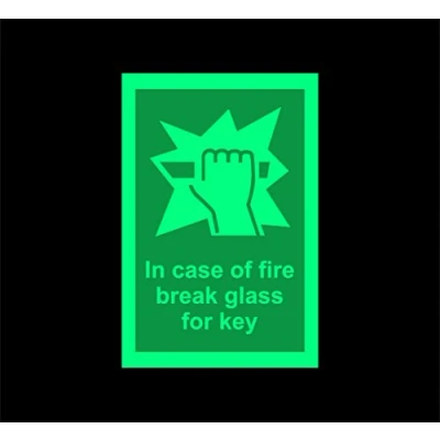 Image of In case of fire break glass for key Safety sign 150mm x 100mm 1.2mm Photoluminescent rigid plastic with self adhesive backing