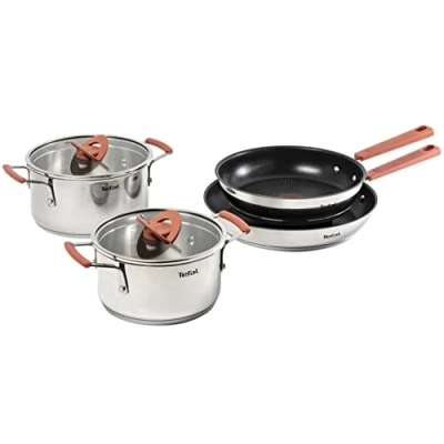 Image of Tefal Opti&#039;Space 4 Piece Pots and Pans Set, Stainless Steel, Stackable, Non Stick, G720S604