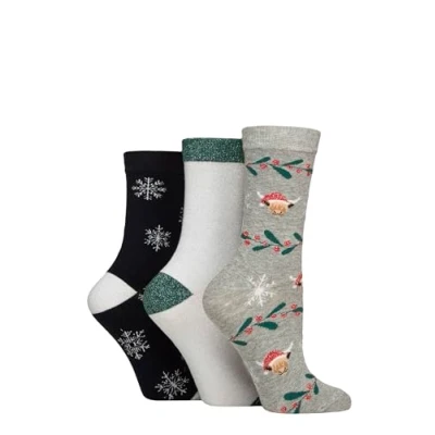 Image of Women&#039;s 3 Pair SOCKSHOP Wildfeet Cotton Christmas Gift Socks Highland Cow 4 8