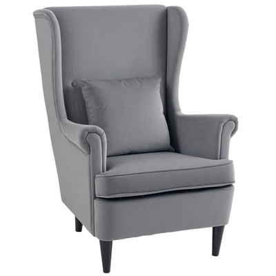 Image of HOMCOM Modern Accent Chair, Upholstered Wingback Armchair with High Backrest and Pillow, Velvet Feel Fabric Reading Chair Solid Wood Legs for Living Room, Bedroom, Home Office, Dark Grey