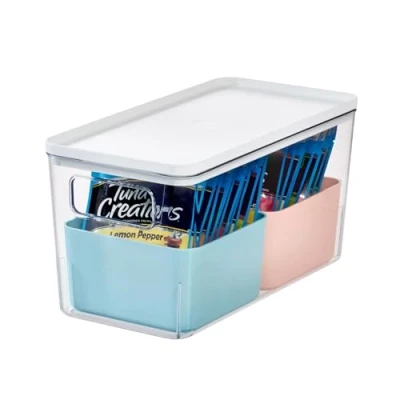 Image of iDesign Storage Box with 2 Dividers, Lid, Versatile Kitchen or Bathroom Organiser, Made of Recycled Plastic, Multicoloured