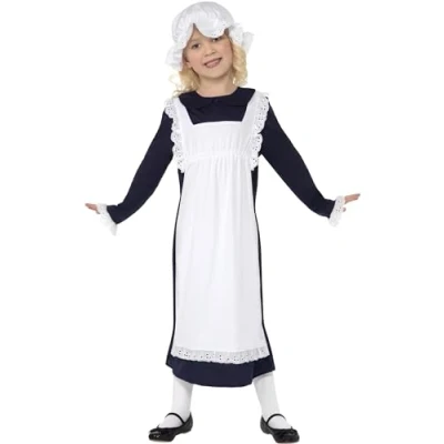Image of Smiffys Victorian Poor Girl Costume, White with Dress, Apron &amp; Hat, Girls Fancy Child Dress Up Costumes