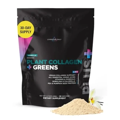 Image of Livingood Daily Plant Collagen Powder (Vanilla) Protein with Vitamin C, Spirulina &amp; Amino Acids for Healthy Hair, Skin Nails Energy Muscle Growth Formula Vegan, 30 Servings