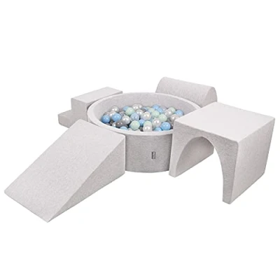Image of KiddyMoon Foam Playground For Kids With Round Ballpit (300 Balls) Obstacle Course, Lightgrey:Pearl/Grey/Transparent/Babyblue/Mint