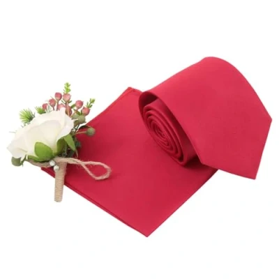Image of DQT Plain Glossy Satin Polyester Wedding Classic Neck Tie and Pocket Square Set for Men in Red