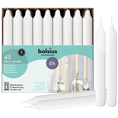 Image of Bolsius Bistro Candles 7 inch/177 mm (Pack of 45), White, Smokefree, Drip Free Design, Elegant Dinner Table Candles, Standard Size Fits Most Candle Holders, Restaurant P963