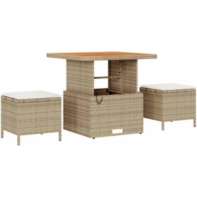 Image of vidaXL 3 Piece Garden Dining Set with Cushions Beige Poly Rattan Acacia