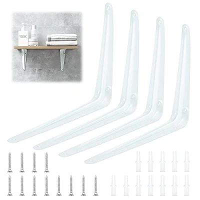 Image of 4 Pack Wall Mounted Shelve Bracket, Heavy Duty Book Shelf for Shelves L Bracket Shelving Support Brackets (White, 25cm x 20cm)