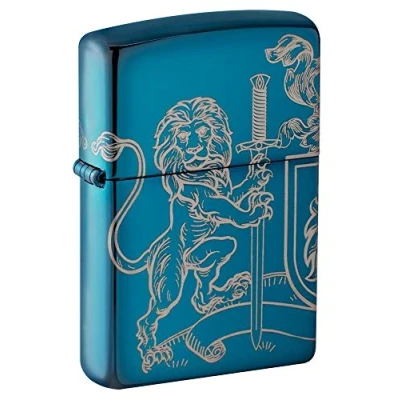 Image of Zippo Unisex Adult Medieval Coat of Arms Laser 360 Design Pocket Classic Lighter, High Gloss Blue Lion, One Size
