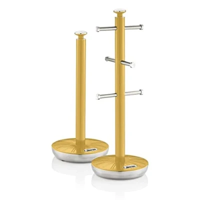 Image of Swan SWKA1054YELN Retro Towel Pole and Mug Tree, Weighted Base, Kitchen Storage Set with Chrome Accents, Yellow