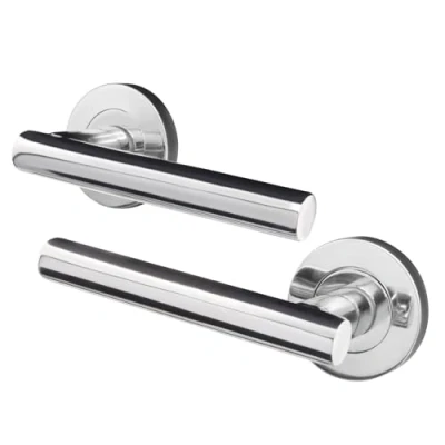 Image of EAI Internal Door Handle Polished Chrome 1 Pair Silver Lever on Rose Round Handles Oliena Range