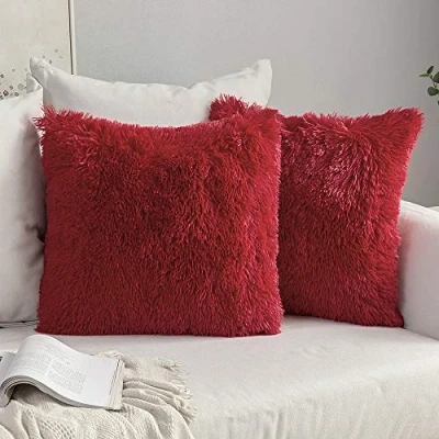 Image of MIULEE Christmas Pack of 2 Faux Fur Cushion Covers Fluffy Soft Decorative Square Pillowcase Plush Case Throw Pillow Cover For Livingroom Sofa Bedroom 18x18 Inch 45x45cm 18&quot;x18&quot; Red