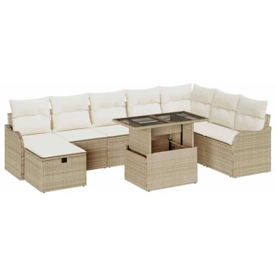 Image of vidaXL 9 Piece Garden Sofa Set with Cushions Beige Poly Rattan