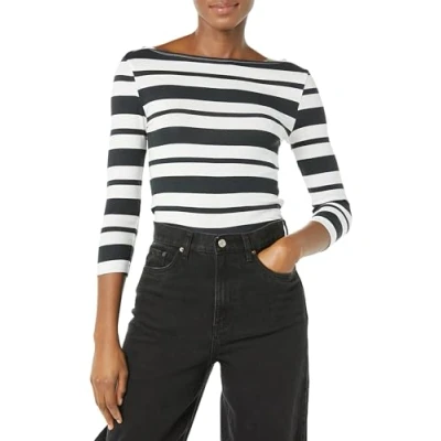 Image of Amazon Essentials Women&#039;s Slim Fit 3/4 Sleeve Boat Neck T Shirt, Black White Placed Stripe, L