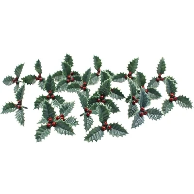 Image of 20pcs Christmas Cake Decoration Artificial Holly Berries and Leaves Plastic Small Cupcake Topper Crafts Decor