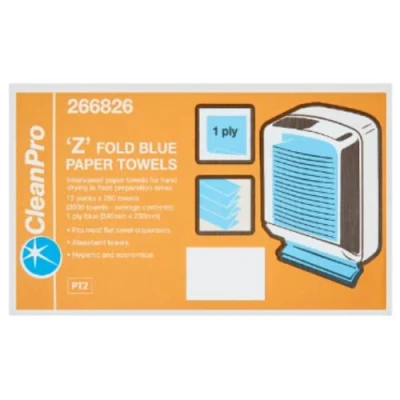 Image of CleanPro &#039;Z&#039; Fold Blue Paper Towels 1 Ply 12 Packs x 250 Sheets Case of