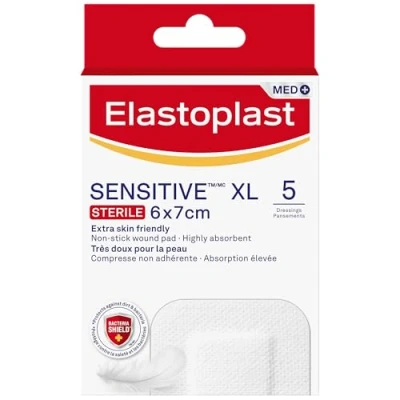 Image of Elastoplast Sensitive XL Med+ Dressings (5 Plasters), Pack of First Aid Plasters, Large Everyday Plasters for Post Operative Wounds, Skin Friendly Sterile 0% Latex, White