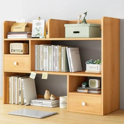 Image of Ahtadums 3 Tier Desk Organizer Wooden Desktop Bookcase Dorm Bookshelf Countertop Storage Hutch Wood Computer Multifunction Shelves Display (60cm)