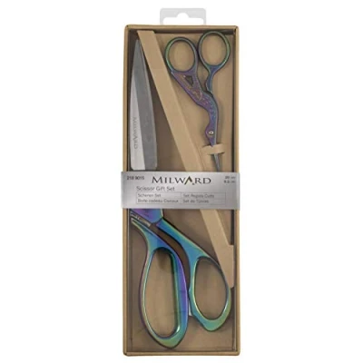 Image of Milwards 2189015 Premium Gift Set Includes Dressmaking Shears and Stork Embroidery Scissors, Rainbow, 20cm 9.5cm