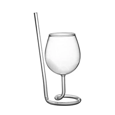Image of Red Wine Glass Cocktail Clear Cup Goblet with Drinking Tube